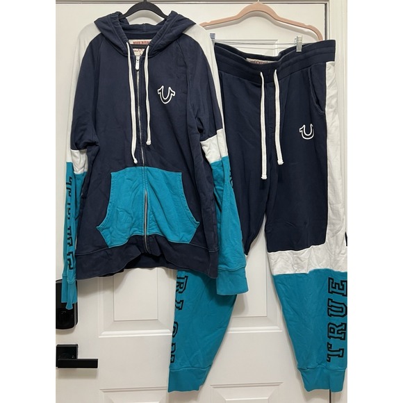 True Religion Zip Up Sweatshirt Hoodie Sweatpants Suit Color Block Spellout 2XL - Picture 1 of 16